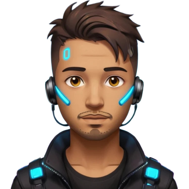 Cyberpunk street adult, hispanic, male, messy undercut, glowing earpiece, light stubble, brown eyes, neon reflections, headshot emoji
