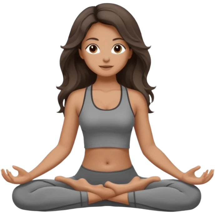 a brunette girl doing yoga, she is wearing a grey fit and she has dark long, wavy and loose hair.  emoji