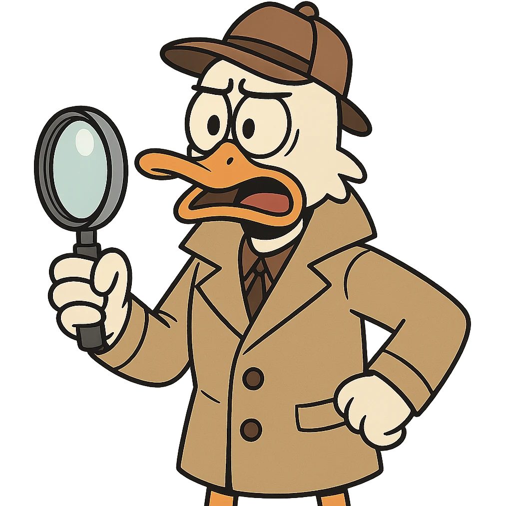 duck detective wearing a trench coat and detective hat holding a magnifying glass with an expressive face in cartoon style emoji