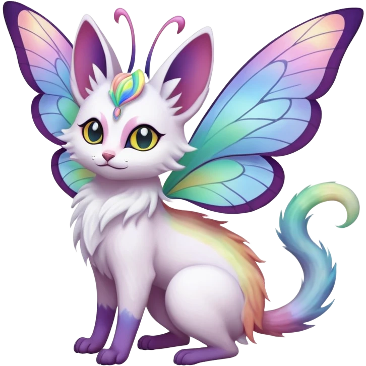 Pure-snow-White albino iridescent with pastel rainbow-gradients-color-markings with swirly patterns butterflies  faerie-Noivern-Noibat-Purloin-Torracat-Lykoi-Caracal-cat-Fakemon-fusion-hybrid-creature emoji