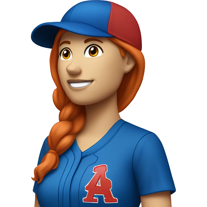 standing up white female coach with red long hair in blue simple t-shirt and with a simple blue baseball hat emoji