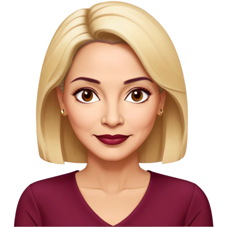 Puerto Rican actress Linette Torres in her 50s with warm light skin, mature elegant features, some fine lines, expressive eyes, well-defined eyebrows, straight nose, friendly smile, shoulder-length blonde hair, wearing a fashionable burgundy top emoji