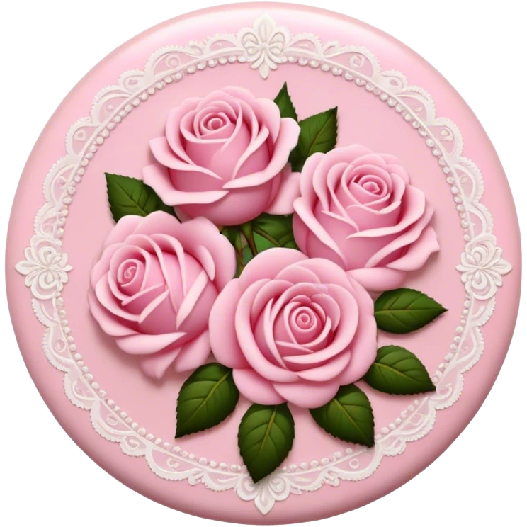 A round pink button with light cream damask lace and pink roses emoji