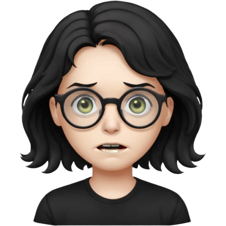 zumbie cabelo ondulado médio preto, camiseta preta, oculos redondo masculino emoji