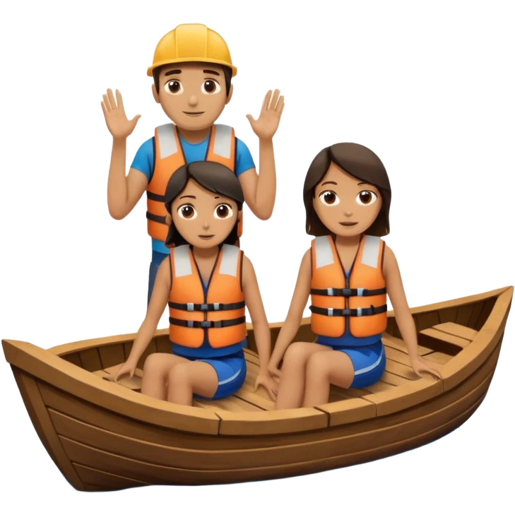 a wood boat upside down, with 2 people sitting on top trying to stay afloat. emoji