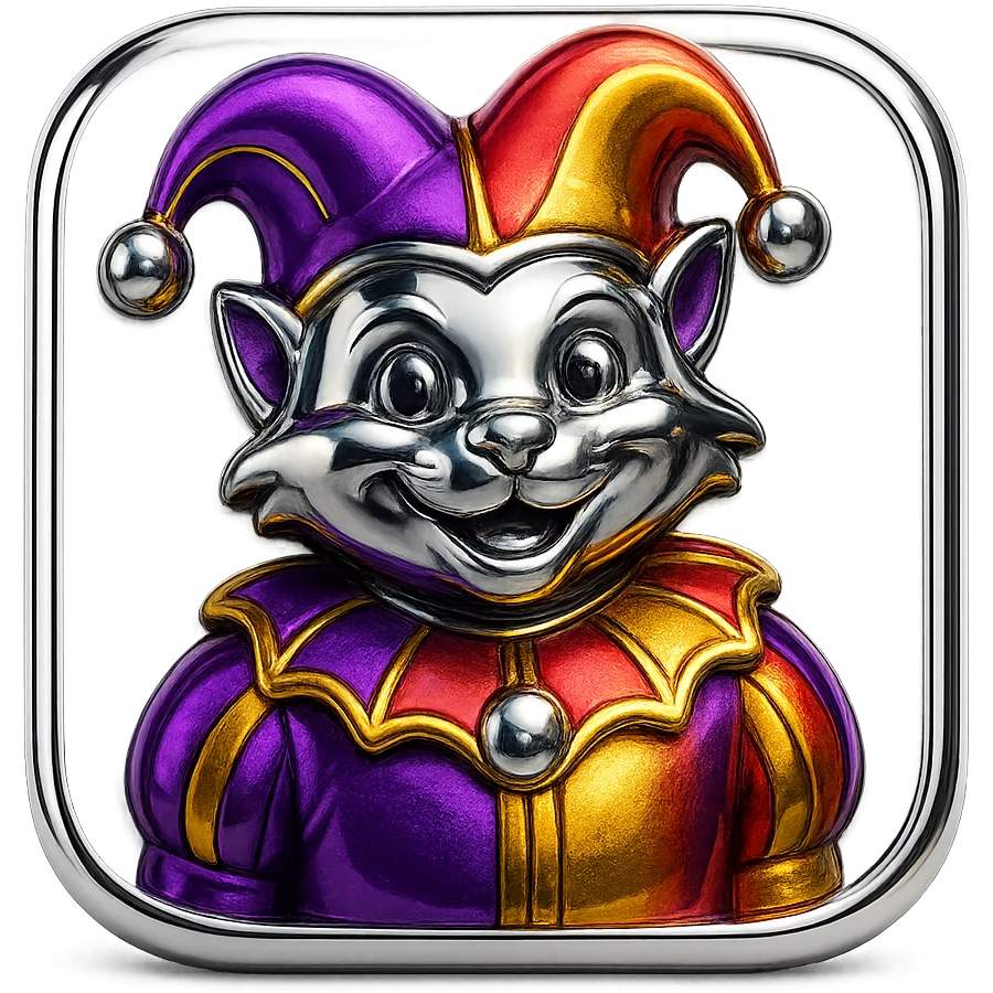 crazy colorful cute little cat jolly joker from poker, medieval, vintage, court jester, mac os icon, purple, gold and red color, half body. Squared shape as 3D mac os icon emoji