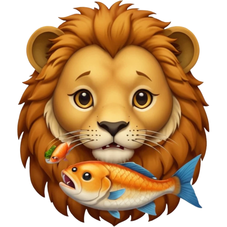  A lion eating a fish, feeling sad, portrait, bust up emoji
