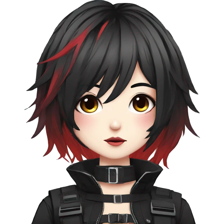 Gorgeous dark techwear anime style lady with blushing face aesthetic and pretty edgy black red punk messy hair with collar and harness trending style emoji