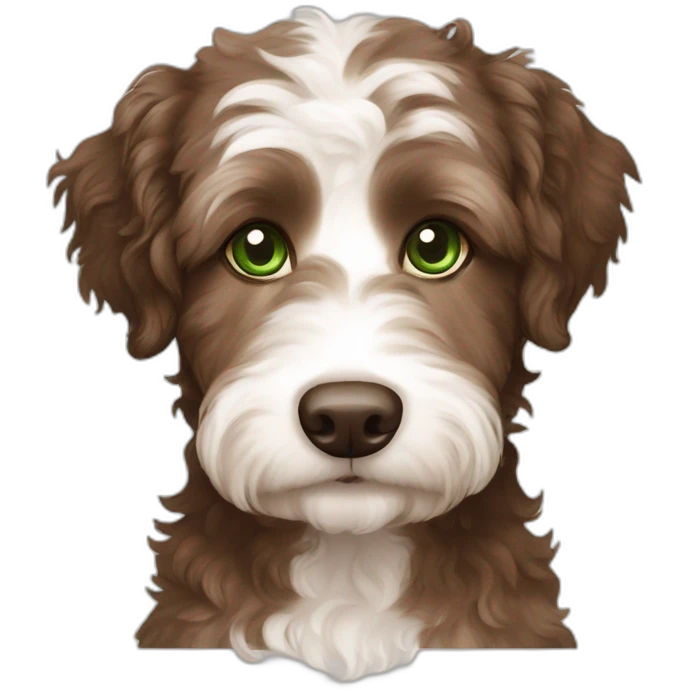 A brown and white aussiedoodle with green eyes emoji
