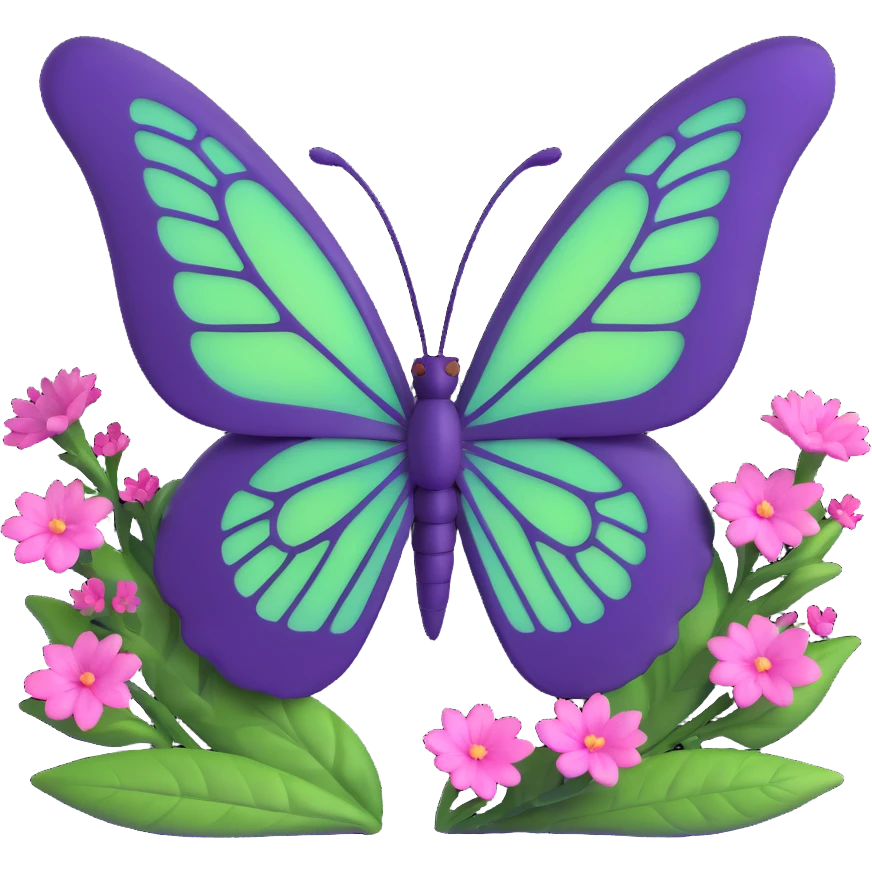 a magical butterfly with #c0ff53 green wings, deep purple edges, glowing pink details, intricate veins, surrounded by magical dust and tiny pink flowers, 3D cartoon style, elegant fantasy, transparent background, Discord role icon emoji