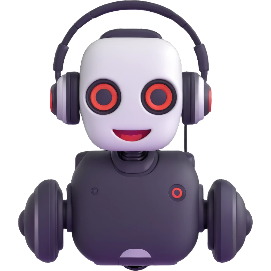Smiling robot support assistant with headphones in messaging interface emoji