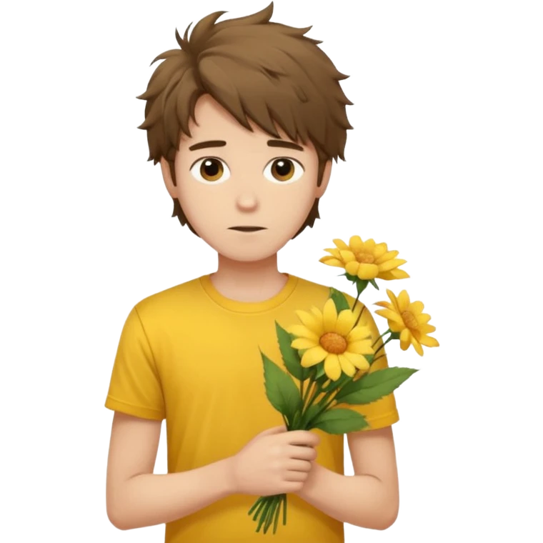 generate an ios genmoji of a 20 year old fair boy with brown long and messy hair with faint stubble. should look like he cant grow a mustache., carrying a flower bouquet, wearing a yellow tshirt, looking shy emoji