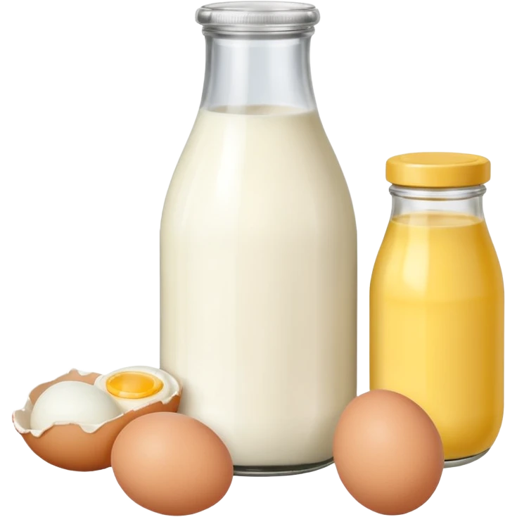 A cluster of dairy items: a milk bottle with an 3 eggs on the left side and birck of butter on the right side emoji