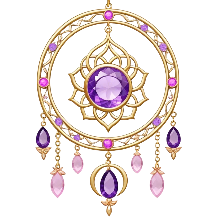 Epic beautiful gorgeous cute gold suncatcher, threads with shiny sparkly amethyst and rose-quartz gemstones, flowers, crescents-moons emoji