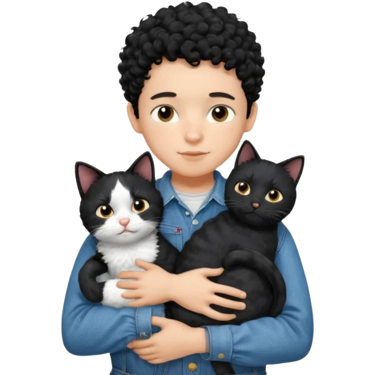 Apple emoji of a 13-year-old boy with short black curly hair, light skin, dark brown eyes, wearing a denim shirt and overalls, hugging a black and white cat. emoji