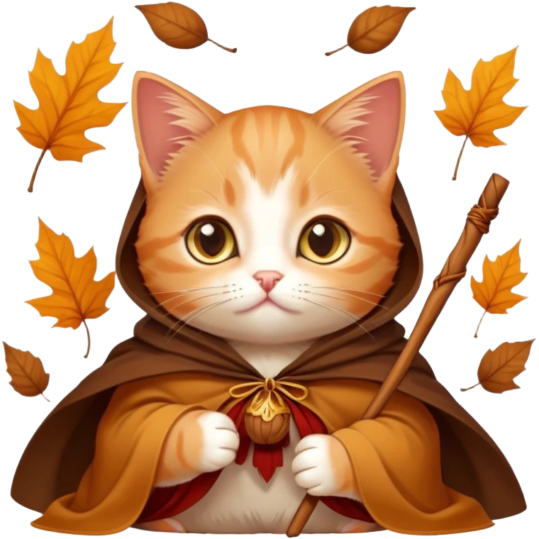 A russet-colored kitten with a cloak, piercing golden eyes, holding a cinnamon stick, surrounded by falling leaves and mystery vibes. emoji