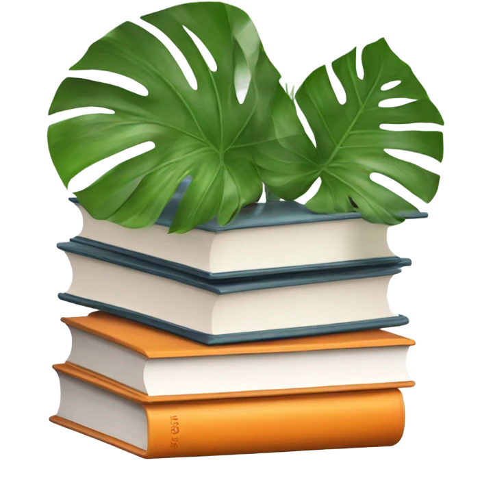 An aesthetically pleasing stack of books with orange covers and behind them a potted monstera  emoji