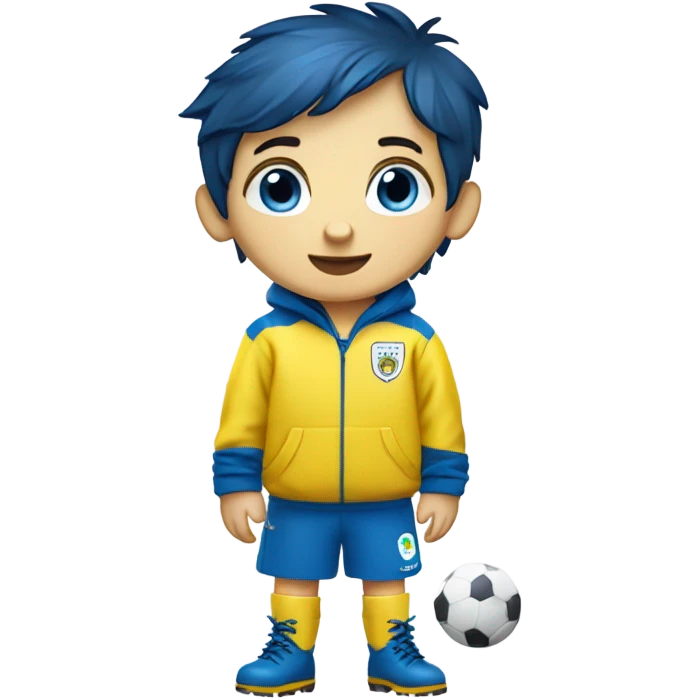 cute little boy with dark blue hair, yellow raincoat, blue muddy boots, blue eyes, white skin, umbrella, playing football, fifa world cup mascot emoji
