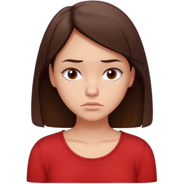 "Cartoon emoji of a young brunette woman with fair-medium skin, brown eyes, wearing a simple red top. Portrait mode, slouched, looking down, overthinking and insecure. Small frown, worried eyes. Smooth, friendly, stylized, Mary Jane–like appearance." emoji