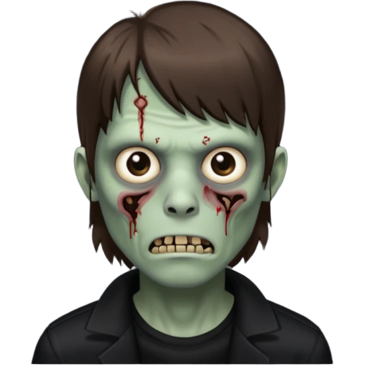 a zombie with dark circles under his eyes and medium brown hair with straight bangs, wearing black clothes
 emoji