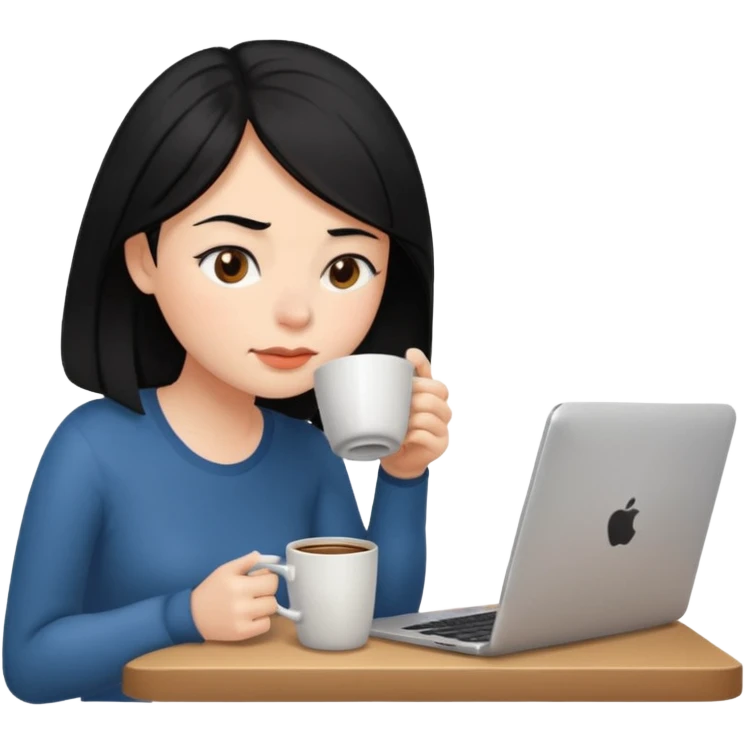 컴퓨터로 작업하면서 커피를 많이 마시고 있는 피곤해보이는 검은머리 여자 emoji
