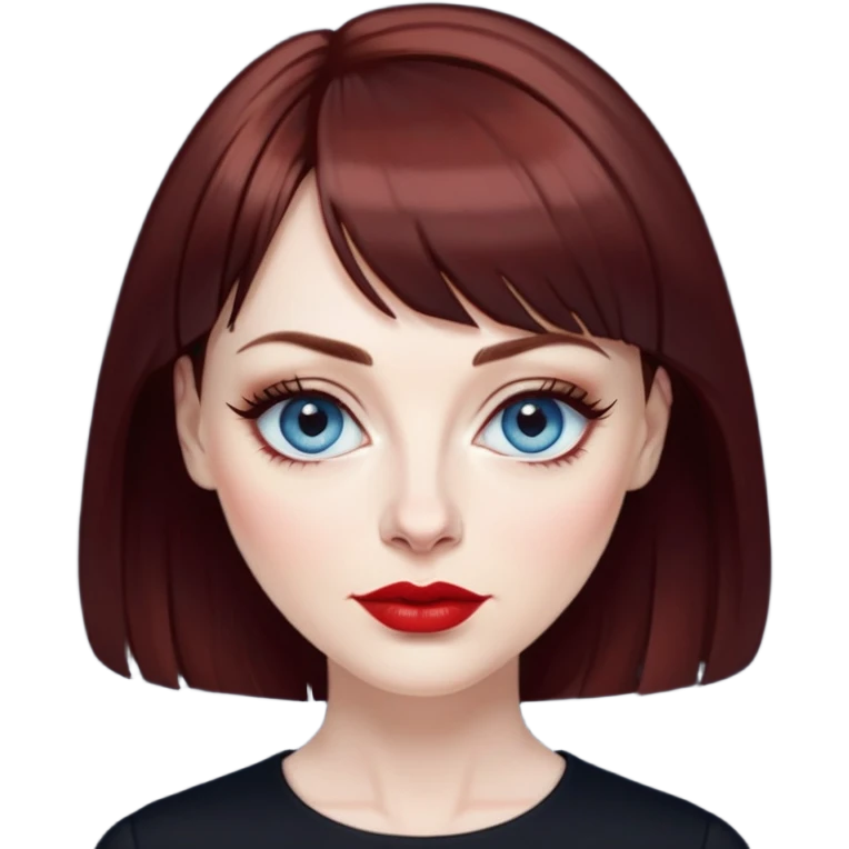 Woman in her late 40s with pale skin, wider face, blue eyes with eyeliner, thin eyebrows, small nose, red lipstick, dark auburn hair with bangs, wearing a black top emoji