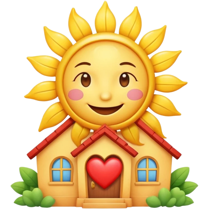 cheerful daycare house, smiling sun above, heart symbol, bright and cute emoji