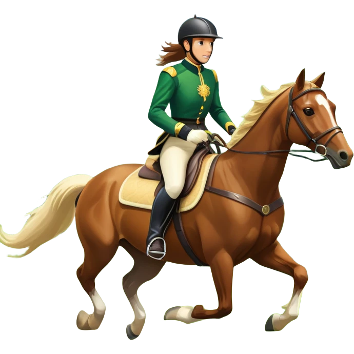 An icon featuring a horse and rider galloping gracefully over a lush green field. The rider is in full gear, guiding the horse with precision. The background shows rolling hills, a clear blue sky, and vibrant sunlight illuminating the scene. Transparent background highlights the elegance emoji