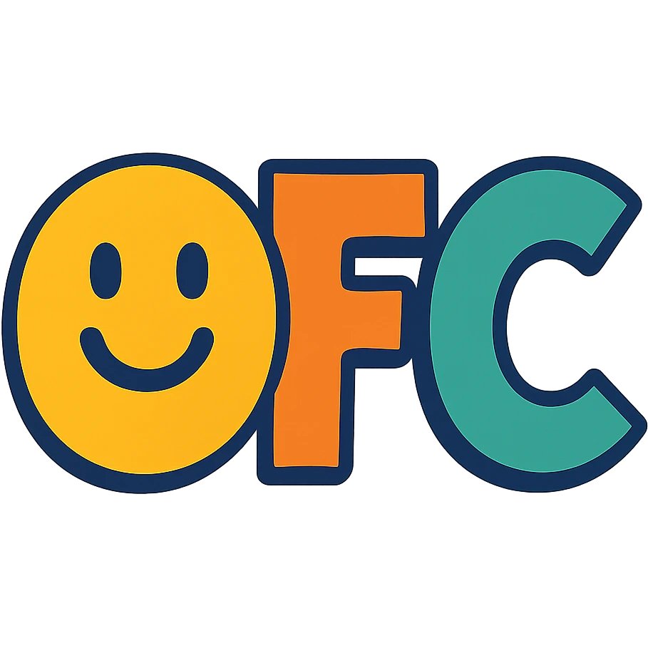OFC letters, playful with a smiling face in the design, logo style emoji