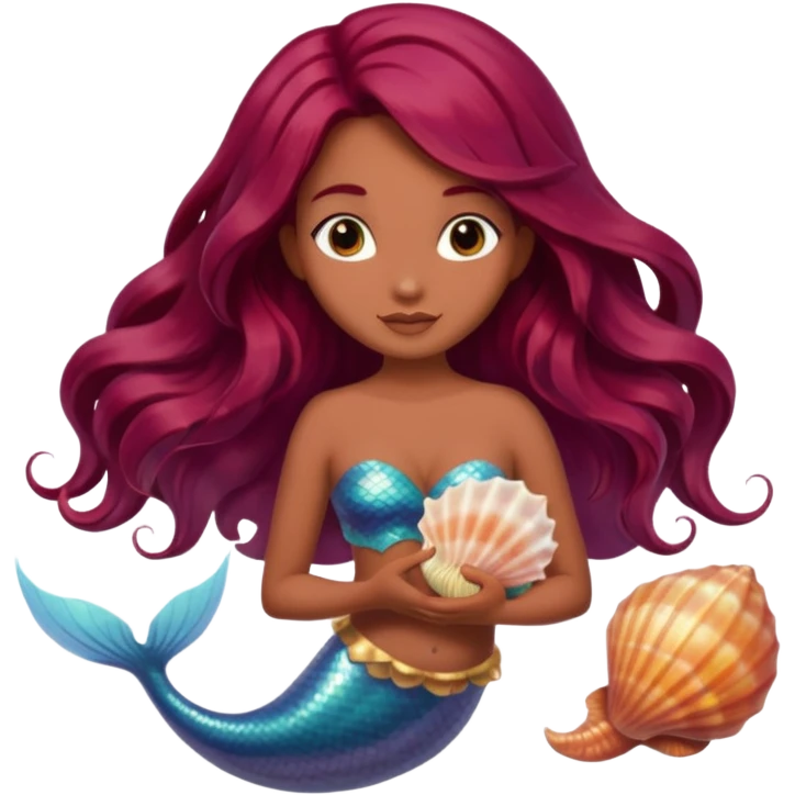 mermaid fairy hybrid, long flowy burgundy hair, medium brown skin, holding a seashell emoji