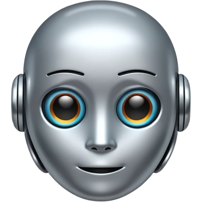A cute futuristic robot emoji made of silver chrome, rounded friendly body, minimal facial features, glossy metallic surface, soft reflections, iOS emoji style, centered, clean white background emoji