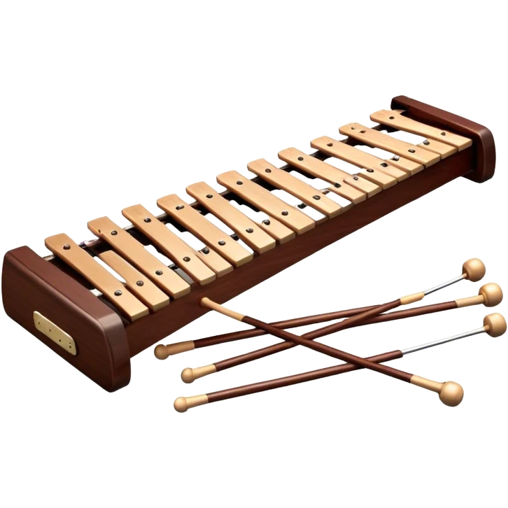 Create a detailed and professional emoji representing a Fleet FLT-SX37 orchestral wooden xylophone. The design should showcase the large, wooden bars of the xylophone arranged in a traditional layout, with a polished, smooth finish. The bars should be dark brown or mahogany, with soft metallic reflections on the resonators underneath. Include two mallets with rubber or wooden heads resting on the bars, emphasizing their role in striking the notes. The xylophone should have a sophisticated and professional appearance, with clean lines and a polished look. Add subtle musical notes or sound waves to represent the vibrant sound produced by the instrument. The background should be transparent. emoji