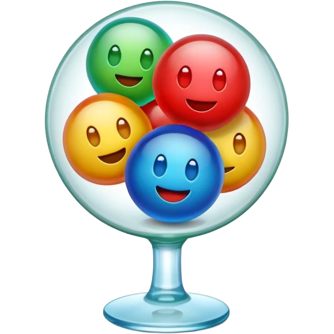 Cute 3D cartoon emoji style sticker of a 3 glass and ball game, glossy plastic texture, soft lighting, smooth shadows, playful expression, high detail, white outline sticker, transparent background (glass color green, red, & blue) emoji
