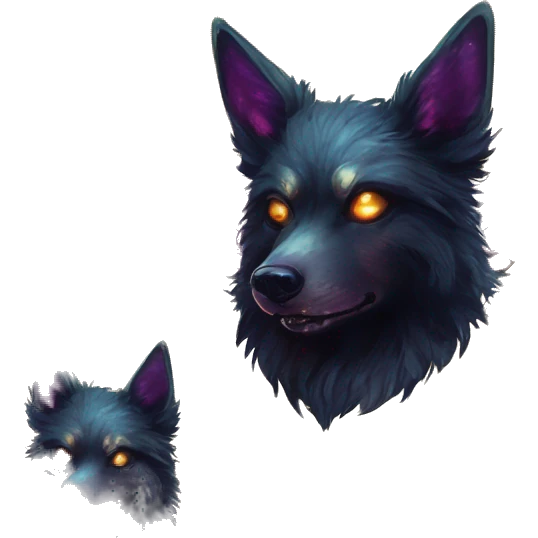 Black iridescent fluffy dog fox head zombie skull skeleton gold mechanical steampunk raven wings nebula galaxy stars colorful flowers fairy lights vintage emoji