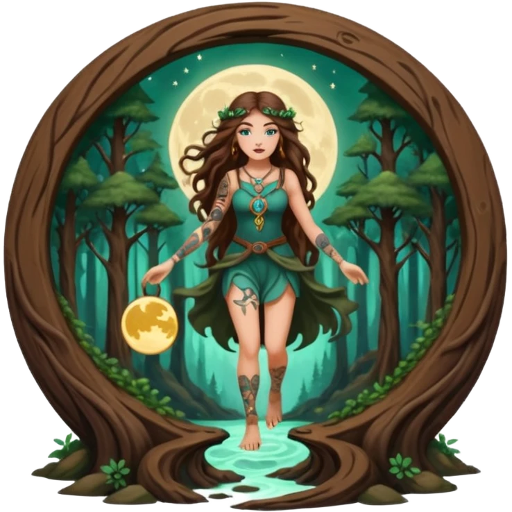 forest mystic woman long wavy brown hair tattoos stepping through small moon portal emoji