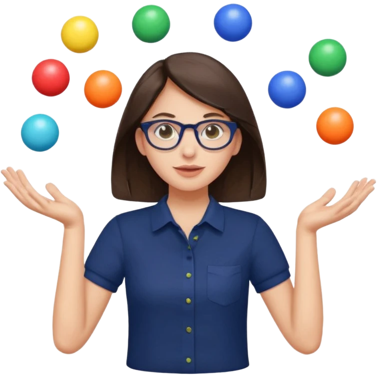 a brunette girl in a navy shirt wearing glasses is  juggling 5 multicolored balls with two hands  emoji