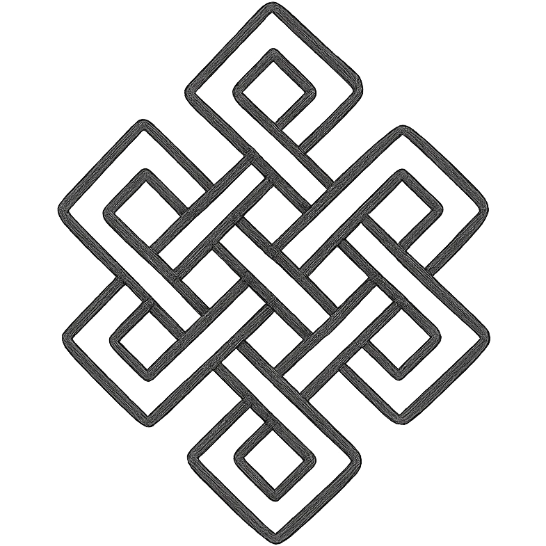 karma symbol, endless knot with intricate interwoven lines, spiritual theme, silver metallic style with shine, icon-like and balanced composition, no background emoji
