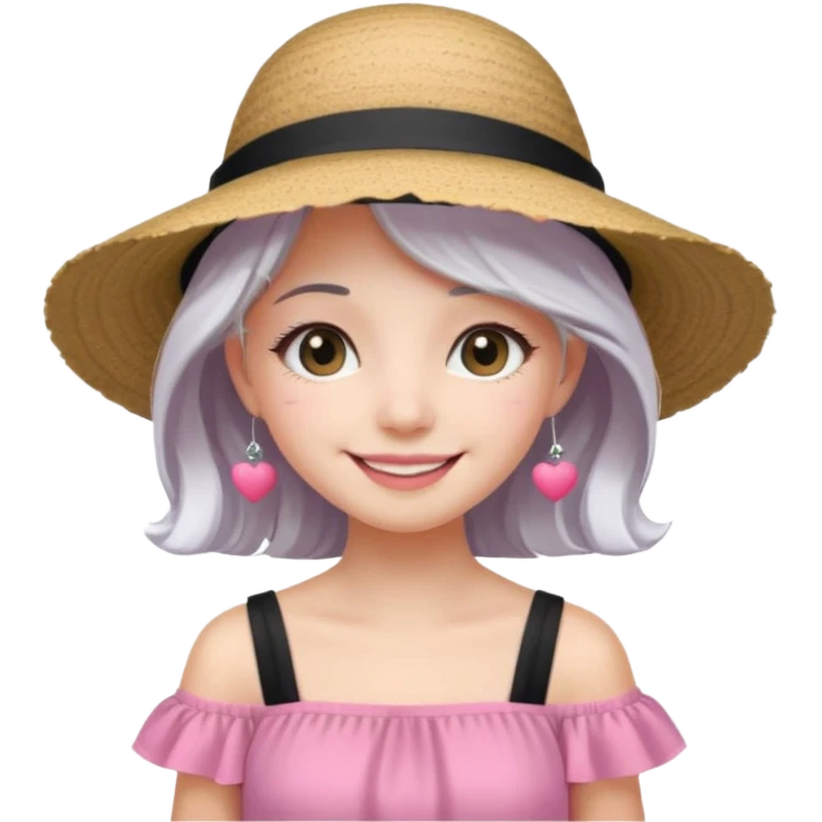 Girl in pink dress and sunhat smiling, black 2 string dress, white hair emoji