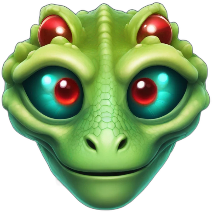 Aquamarine Reptilian with red lasers from the eyes in black suite in a black space emoji