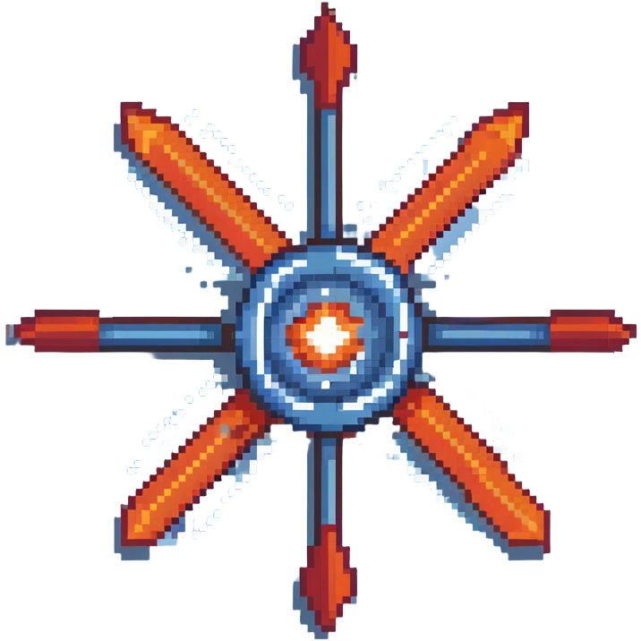 Bomb range power-up sprite, 64x64 pixels, explosion with red and orange arrows extending outward in four directions, target/bullseye design, vibrant red/orange color palette, clean pixel edges, recognizable icon that represents increased blast radius emoji
