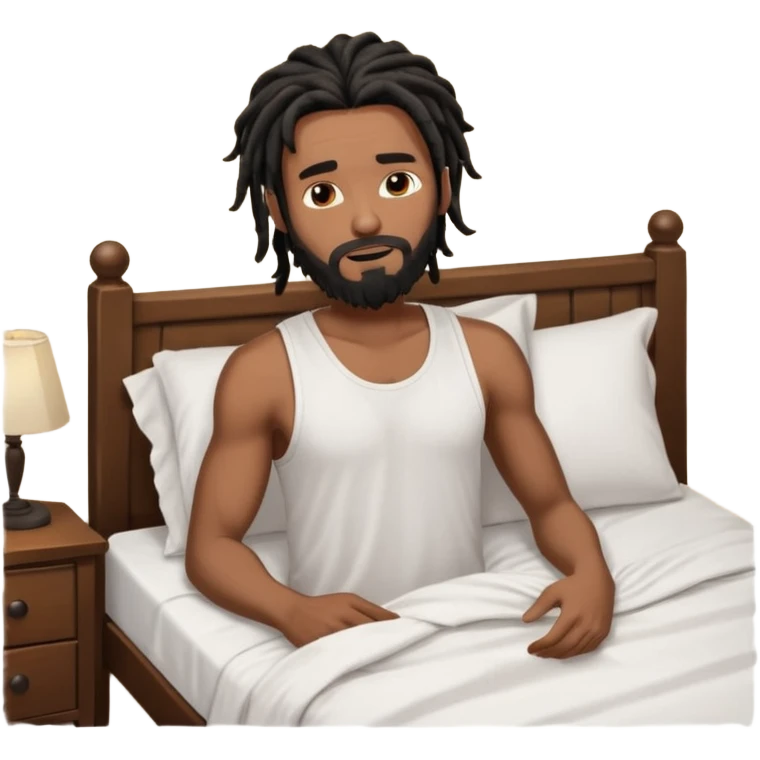 African American man with shoulder length black dreadlocks with black beard wearing a men's white tank top shirt waking up in the bed emoji