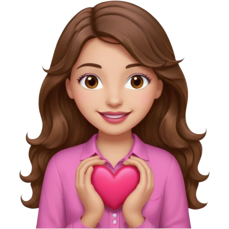 girl with long wavy brown hair, brown eyes, light to medium complexion, in a pink shirt, pink lips, long lashes, smiling, hugging a heart emoji