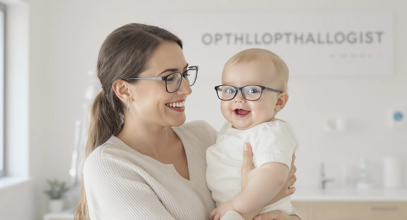 Cinematic still, Proffesional advertising of a smiling european white woman holding baby with glasses smiling, minimalistic ophthalmologist interior in background, leading  lines, "rule of thirds", 60/30/10 colors, soft light emoji