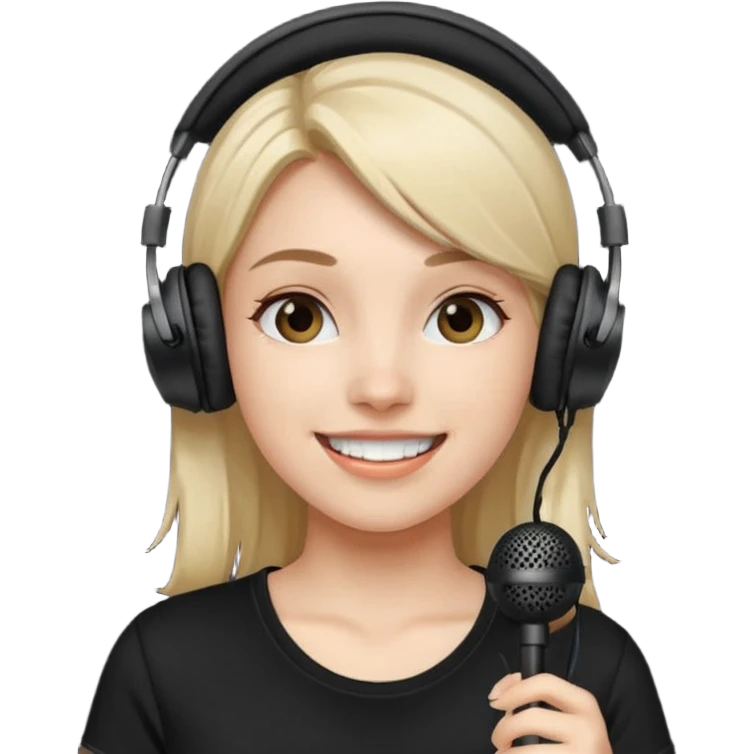 Female, happy, wearing headphone having mic, t-shirt 
 emoji