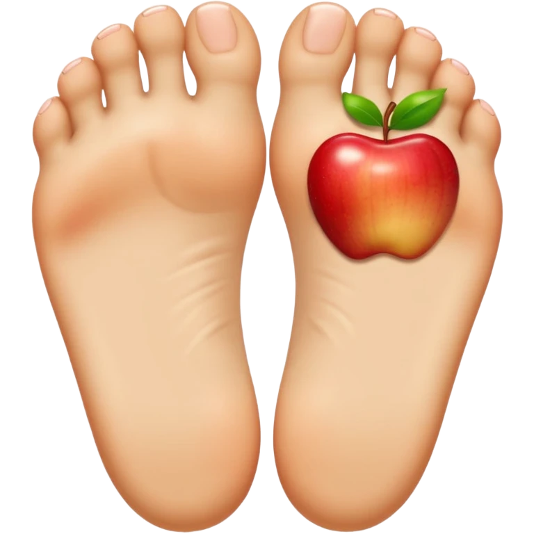 two feet soles, exact pose and look as reference image, apple emoji style, no toenails, smooth and rounded toes, anatomically correct, no nails anywhere, winking emoji