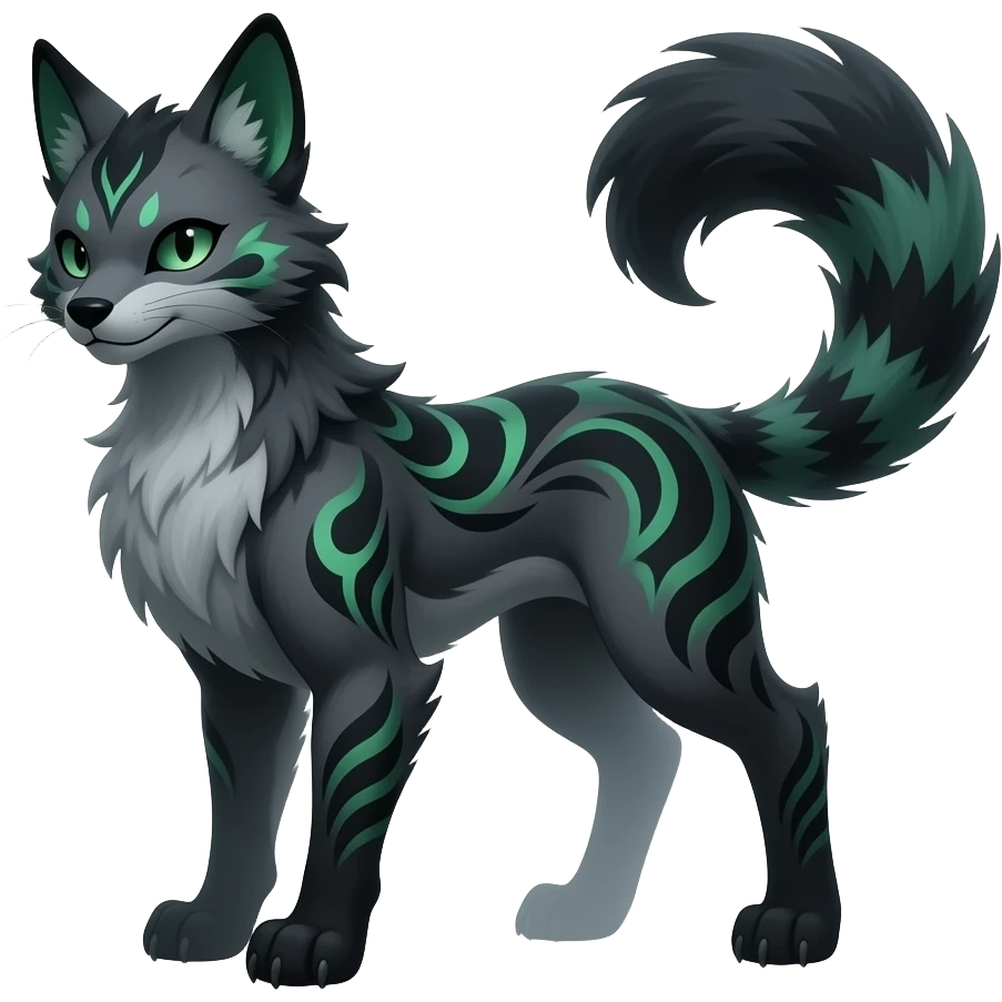 gory spectral spooky dark bleak blackish swampy gloomy ghostly dark greyish dark-deep-greenish foggy eldritch realistic edgy fantasy ghoul-like vernid-sergal-fursona animal creature with a tufted tail full body with intricate markings emoji