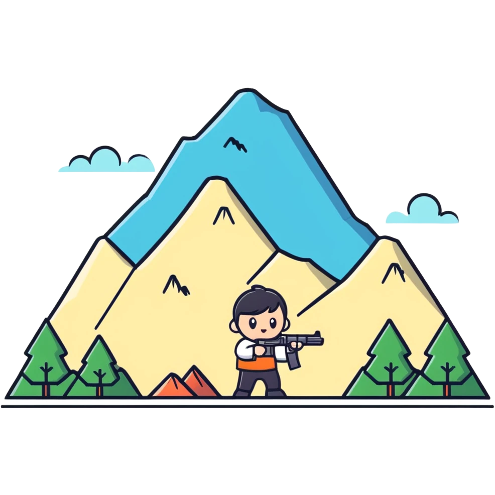 Cute tiny character with a toy gun shooting at a mountain with little figures emoji