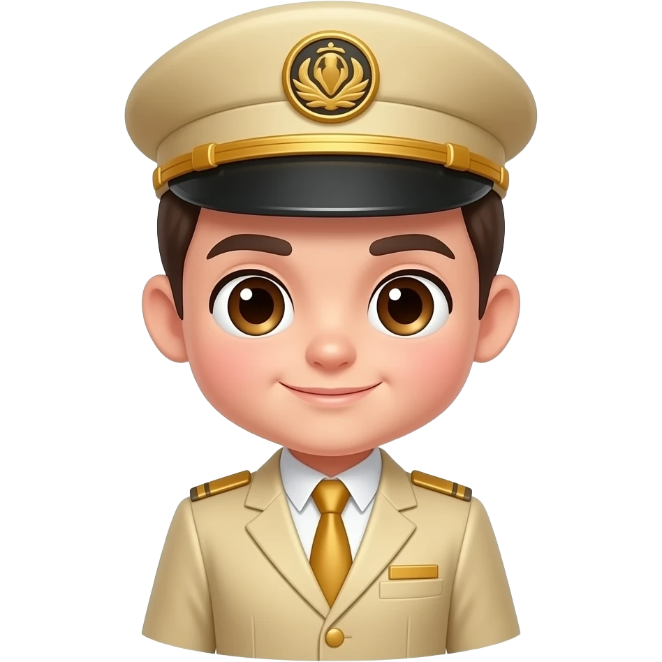 The Carrisa: 3D emoji style, glossy surface, soft shadows, white background, centered, no text, cute character in a hotel uniform, sophisticated charm, gold and warm cream tones, no defined gender emoji