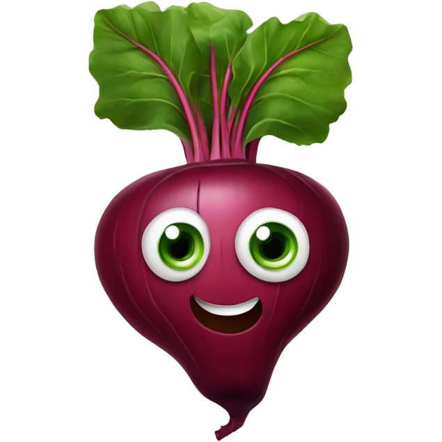 miling beetroot with big expressive eyes, rosy cheeks, and a green leaf on top. Simple and bright design with a cheerful and cartoonish style. emoji