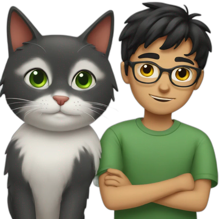 White boy with green eyes, black hair and with glasses hug red percian cat emoji